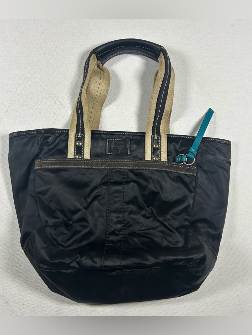 Coach Hampton Nylon Leather Tote handbag purse bag black teal Accents MO5K-130